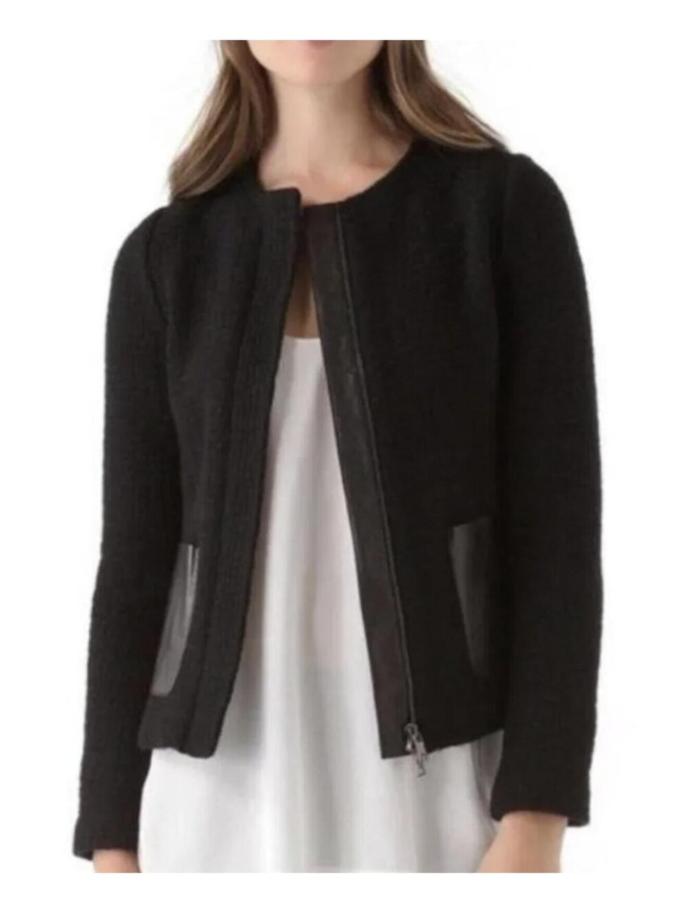 Vince NWT Black Wool Blend Tweed Jacket Leather Trim Zip Front Size 10